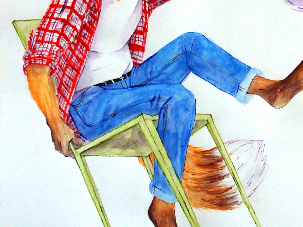 A watercolour pencil illustration. What appears to be a fox-person balances on the back legs of a green chair. They wear jeans, a flannel shirt and a white t-shirt, one hand holding on to the shirt and the other arm raised. Their head is cropped out.