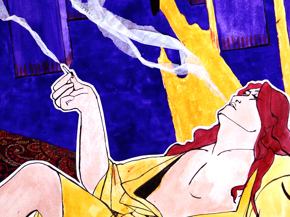 An illustration of a dark room. A person with long dark hair, wearing a yellow robe lay in the foreground, smoking.
