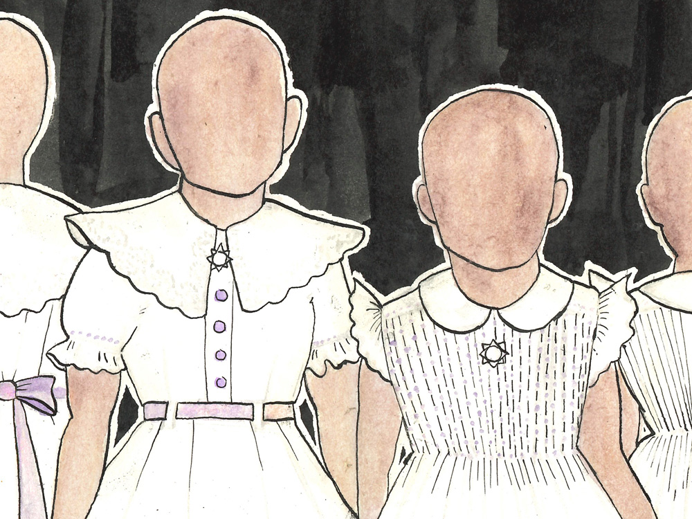 An illustration of two faceless children. They wear white dresses with collars, ruffles and other details.