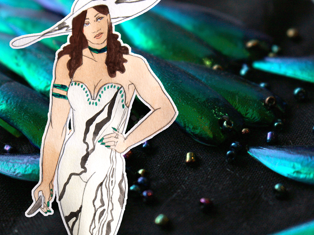 An illustration on top of a photo. The illustration depicts a dark-haired woman in a white, sleeveless playsuit. She has a matching wide-brimmed hat and holds a knife. The photo shows a close up of beetle wings and dark glass beads embroidered on a black fabric.