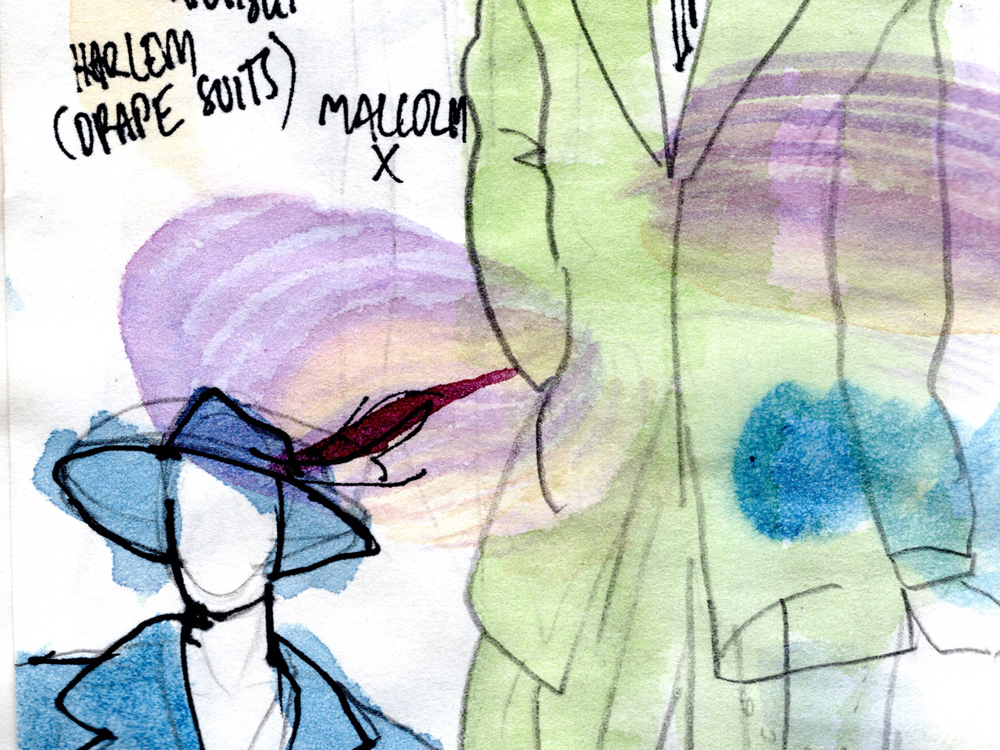 A watercolour sketch of two zoot suits. The left hand suit is dark blue and has a red feather in its hat. The right hand suit is bottle green. There is writing on the page and a lavender colour test.